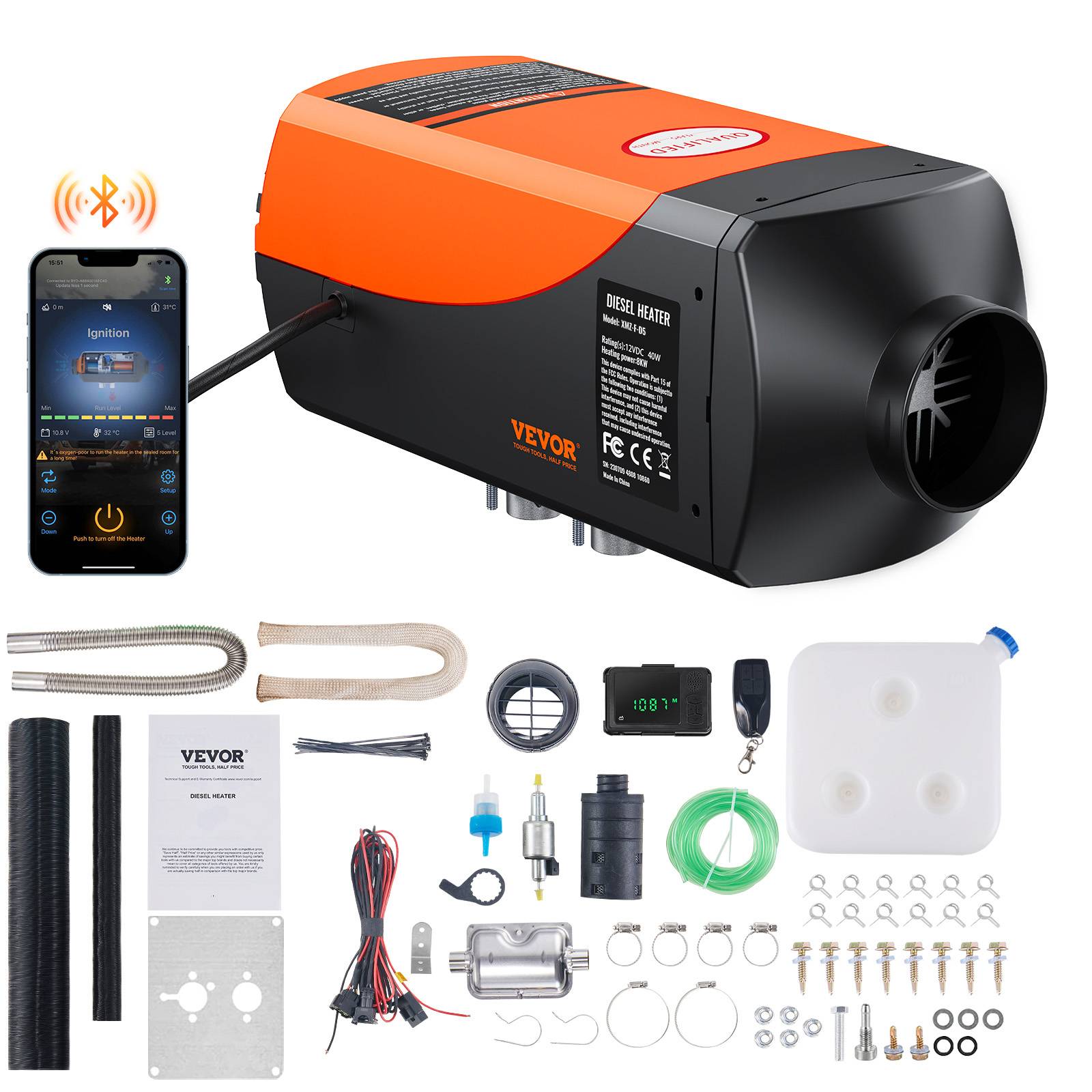 Vevor - VEVOR Chauffage diesel 8kW 12V, 0.16-0.62 L/h, réglable 8-36°C, contrôle intelligent LCD Bluetooth, télécommande. - Image 1