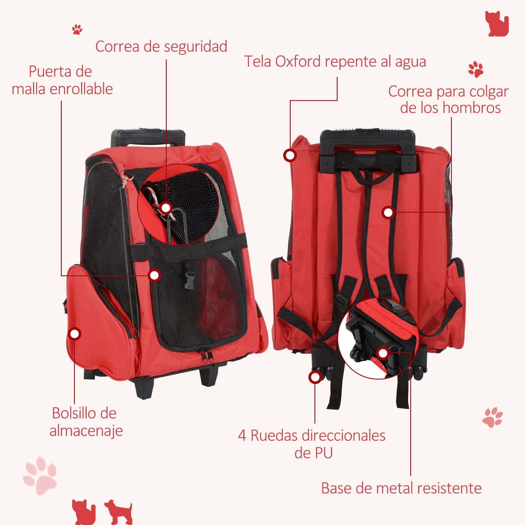 Sac à dos/poussette 2 en 1 pour chien et chat, 42 x 25 x 55 cm, rouge - Image 9