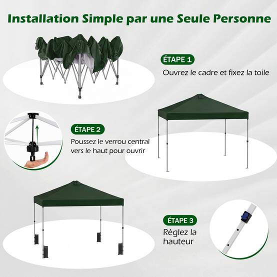 Tonnelle de Jardin 3x3 m Tente Pop-Up, Montage Instantané Toit à Revêtement Argenté Gazebo Portable avec 4 Sacs de Sable Vert MAISON CHIC - Image 6