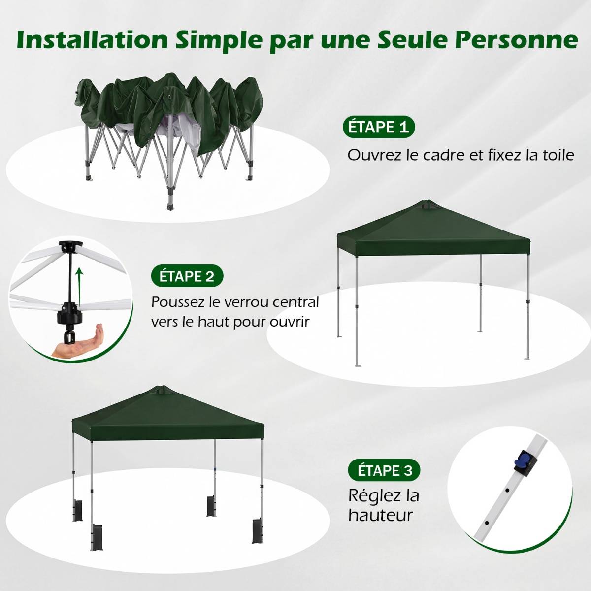 Tonnelle de Jardin 3x3 m Tente Pop-Up, Montage Instantané Toit à Revêtement Argenté Gazebo Portable avec 4 Sacs de Sable Vert MAISON CHIC - Image 6