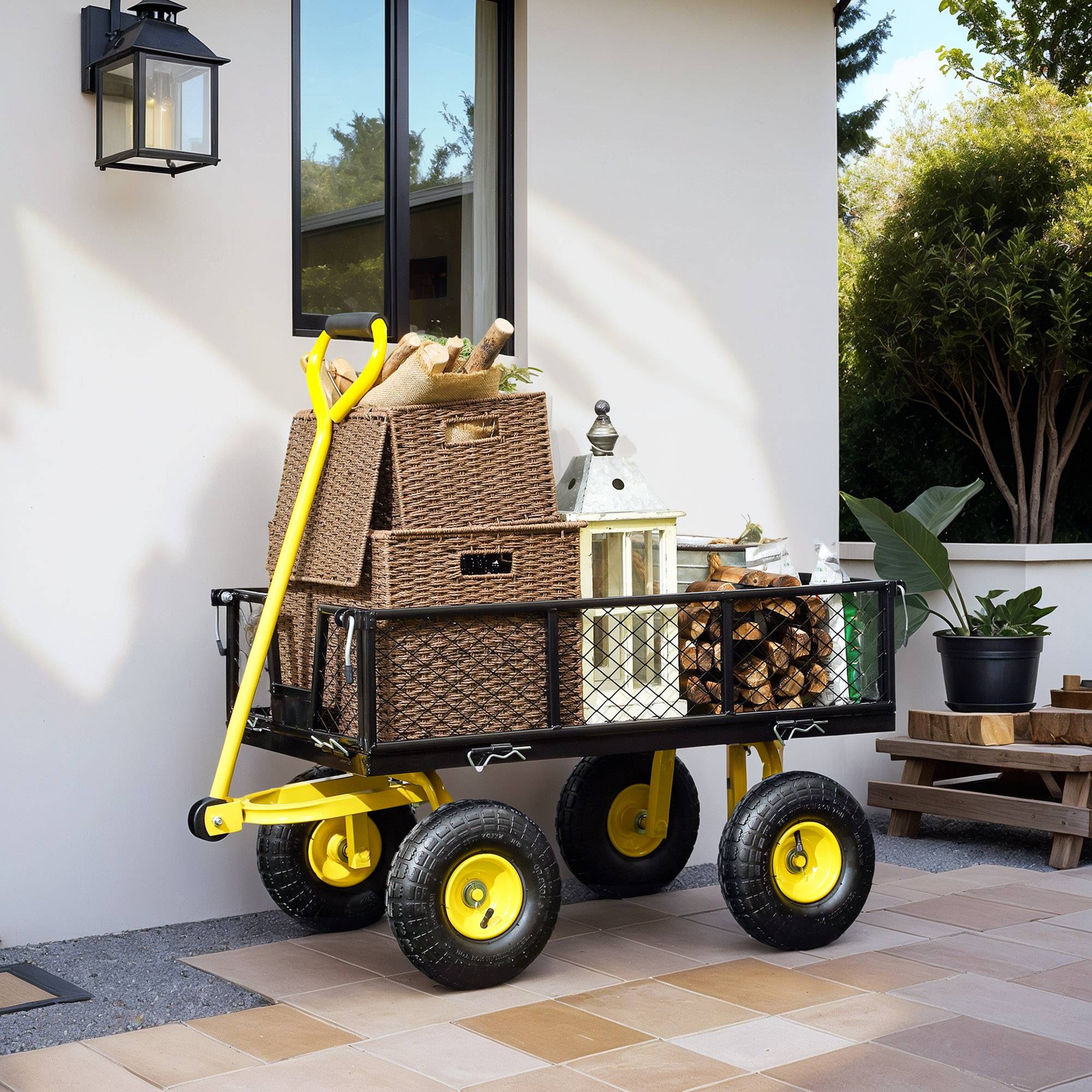 Chariot de jardin basculant acier extérieur charge 200kg roues 25cm noir jaune - ComfortXL Outdoor Living - Image 3