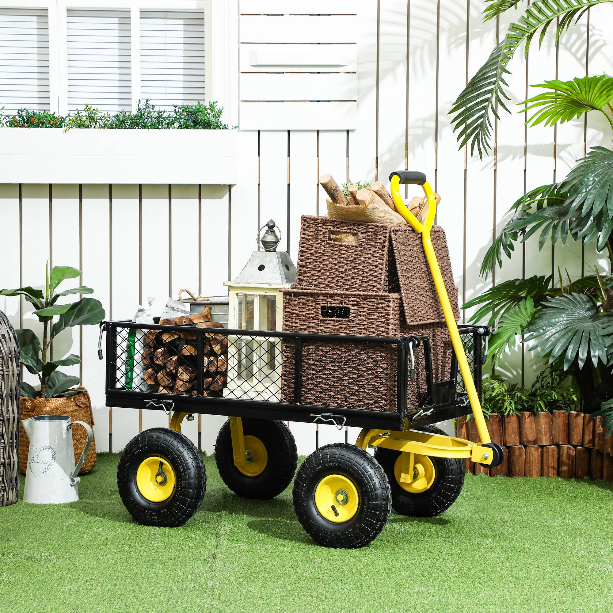 Chariot de jardin basculant acier extérieur charge 200kg roues 25cm noir jaune - ComfortXL Outdoor Living - Image 4