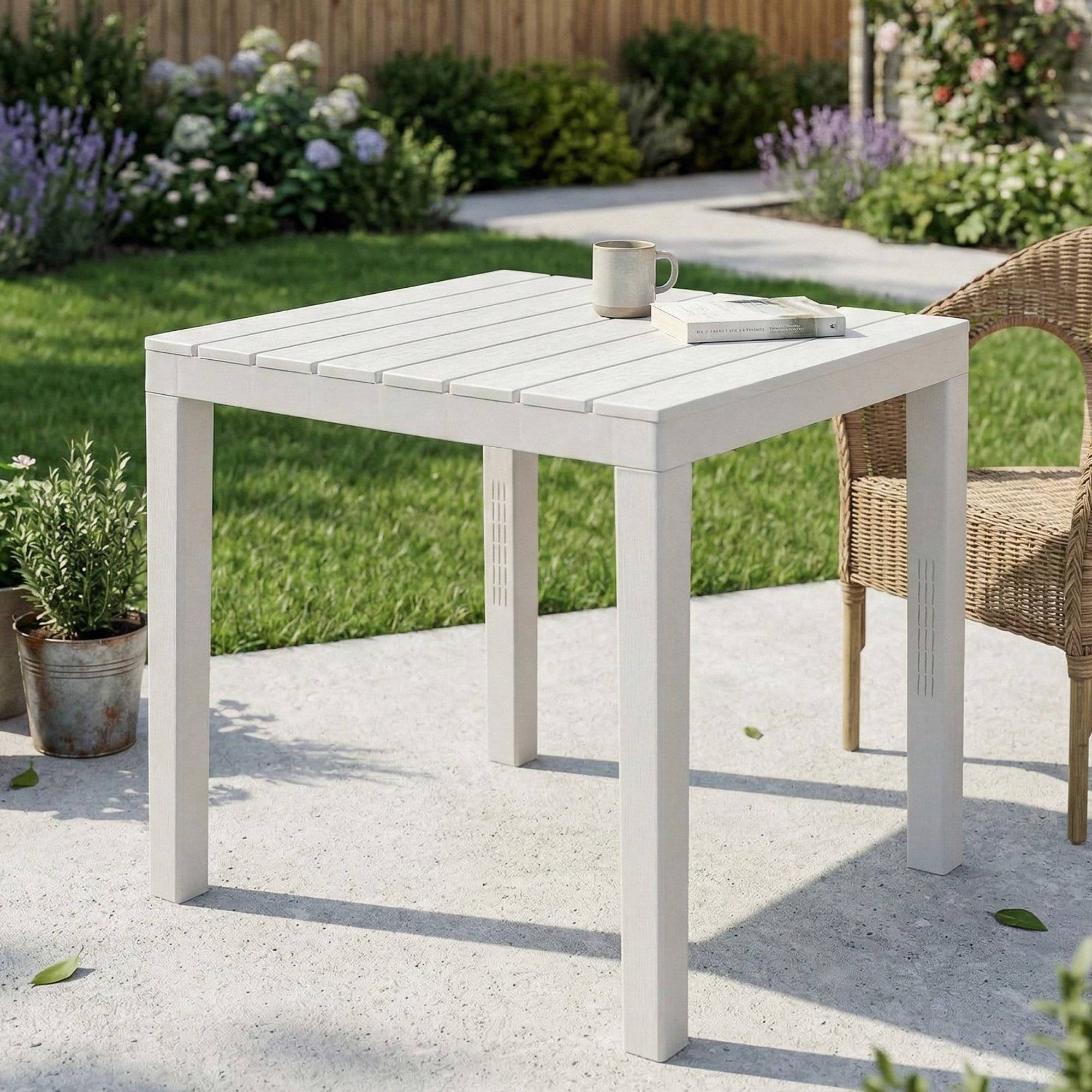 Dmora - Table d'extérieur Daquilan, Etagère de jardin carrée, Table fixe intérieure et extérieure, 100% Made in Italy, 78x78h72 cm, Blanc - Dmora - Imagen 2