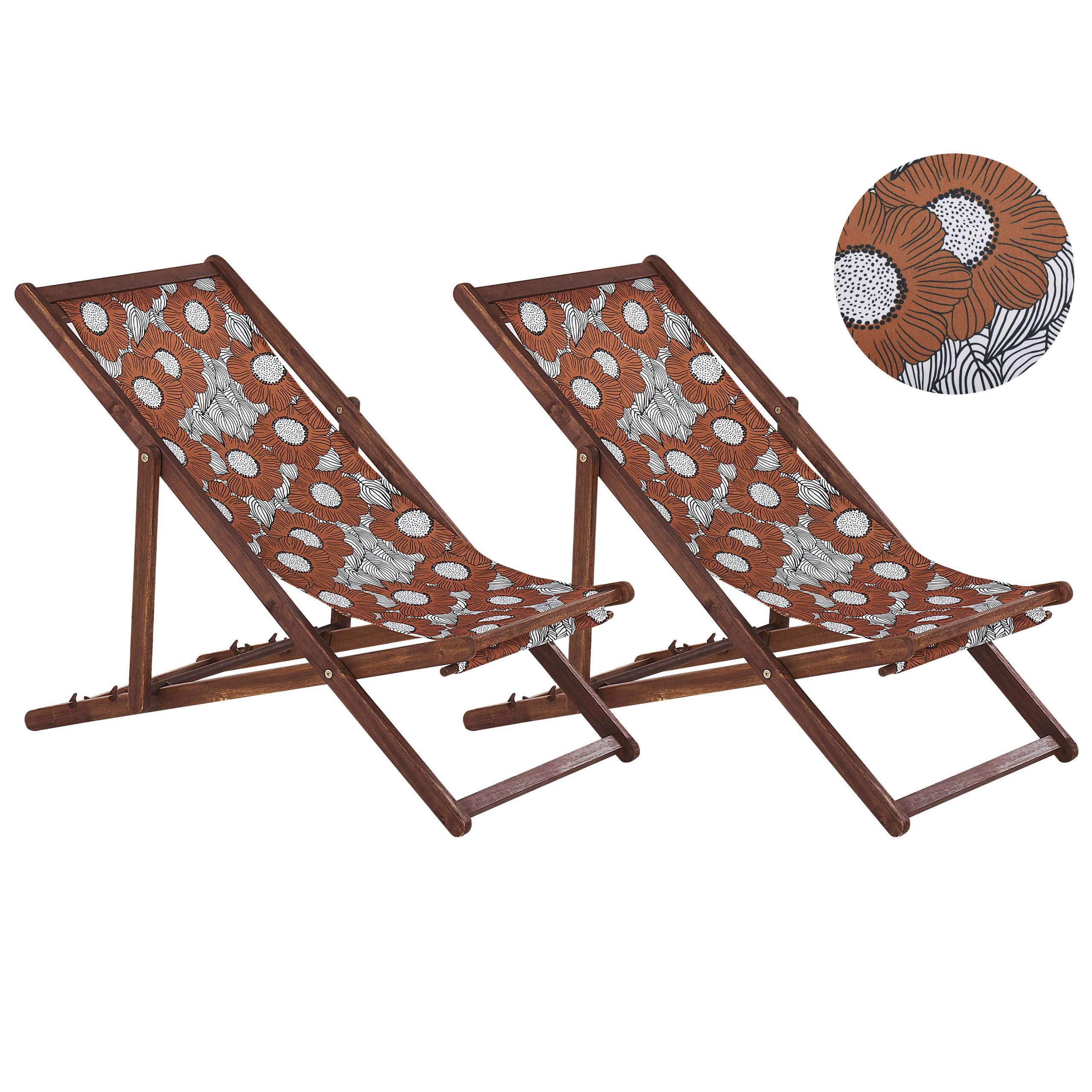 Beliani - 2 Transats Chiliennes Pliantes et Réglables en Bois d'Acacia Foncé et Textile Motif Coquelicots avec Toiles de Remplacement - Imagen 1