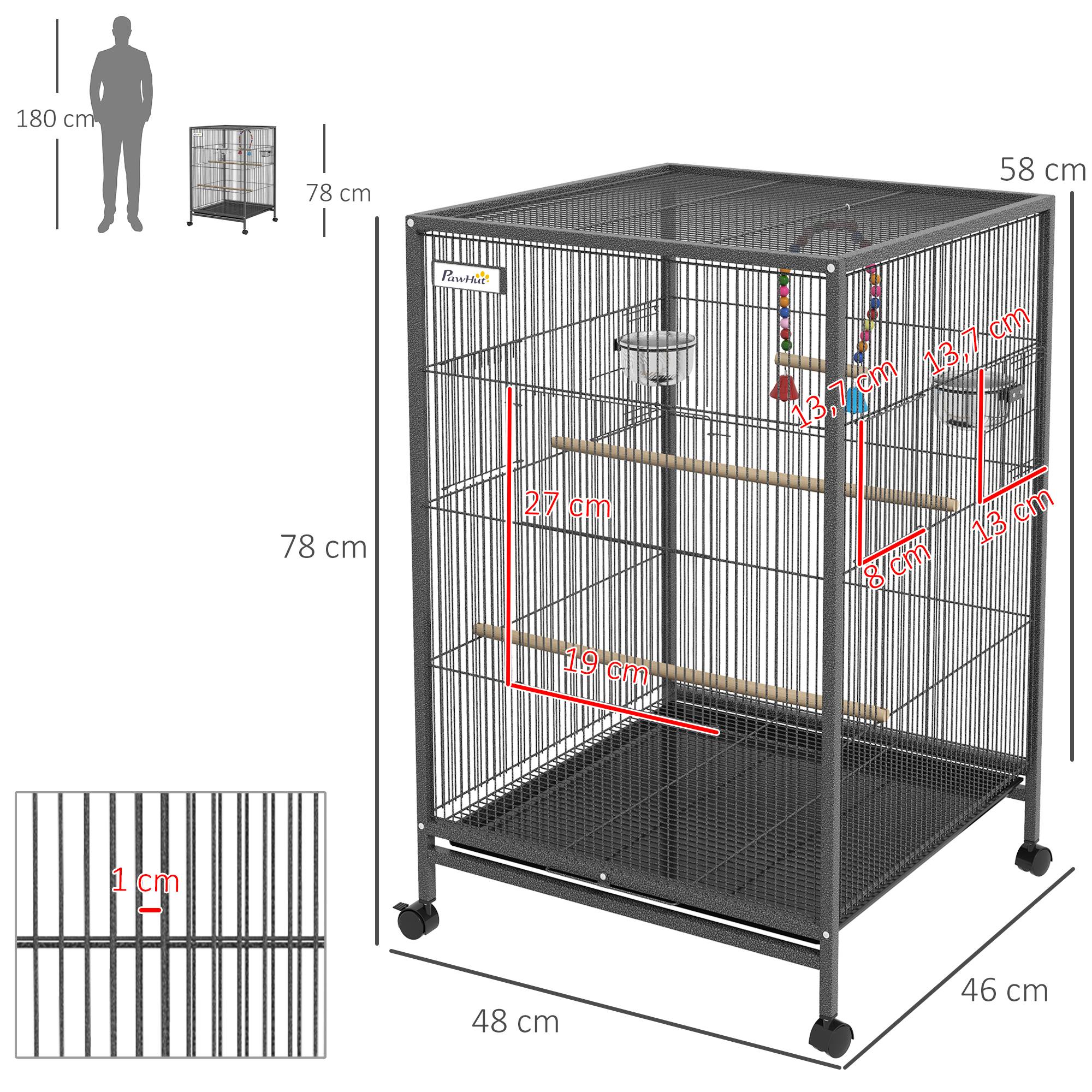 Cage pour oiseaux avec roues, mangeoires, perchoirs, balançoire, étagère et bac amovible, 48x46x78 cm, grise - Image 5