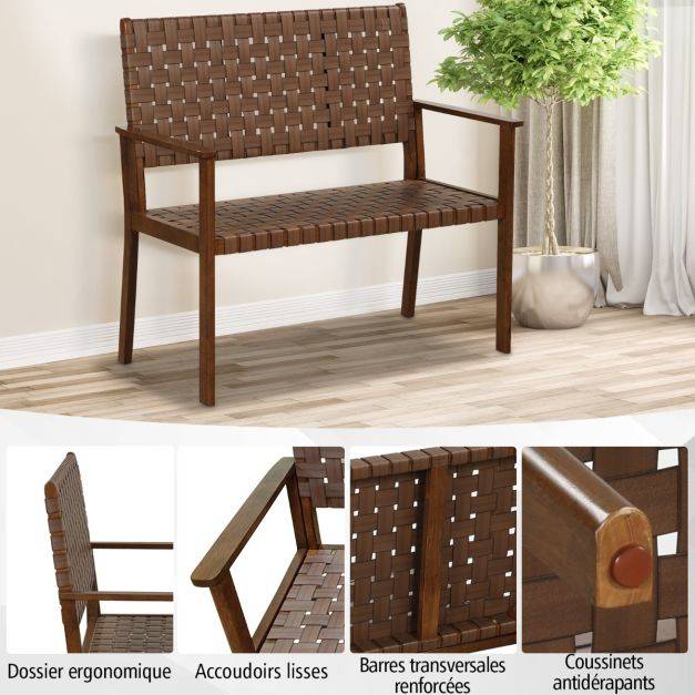 Helloshop26 - Banc de terrasse 2 places causeuse d'extérieur toutes saisons cadre en bois d'hévéa massif pour cour jardin bord de piscine naturel - Imagen 2