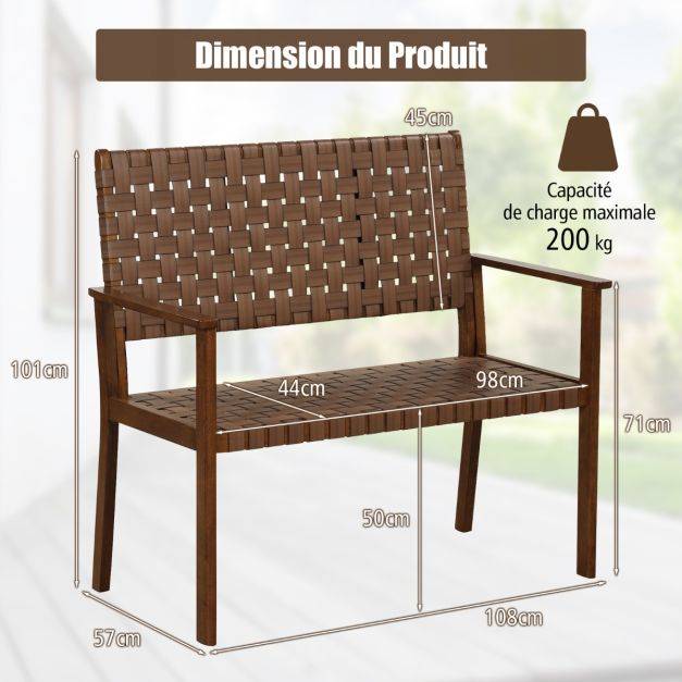 Helloshop26 - Banc de terrasse 2 places causeuse d'extérieur toutes saisons cadre en bois d'hévéa massif pour cour jardin bord de piscine naturel - Imagen 3