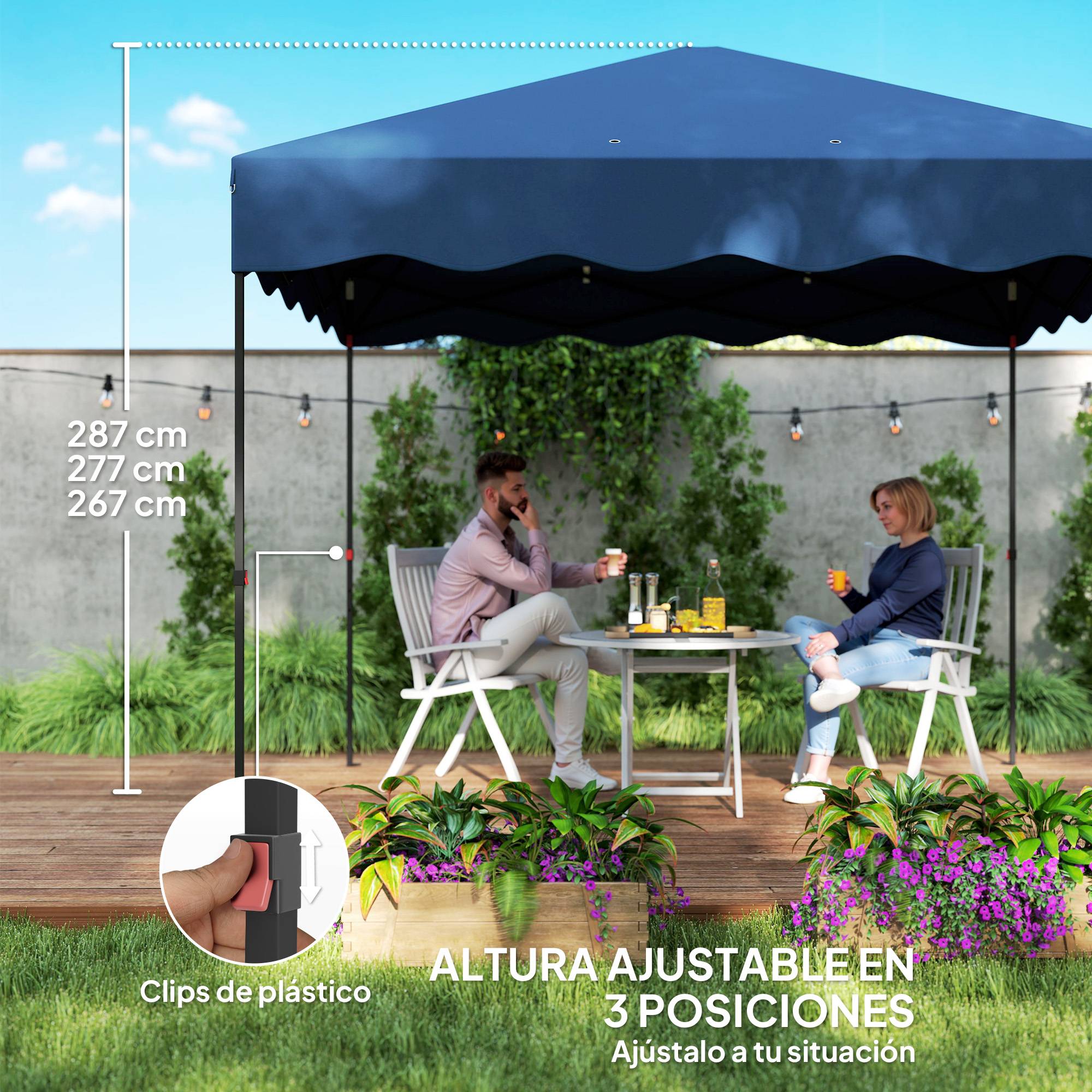Tente pliante 3x3m avec protection UV, hauteur réglable et sac à roulettes pour 6 à 9 personnes, bleu foncé - Image 7