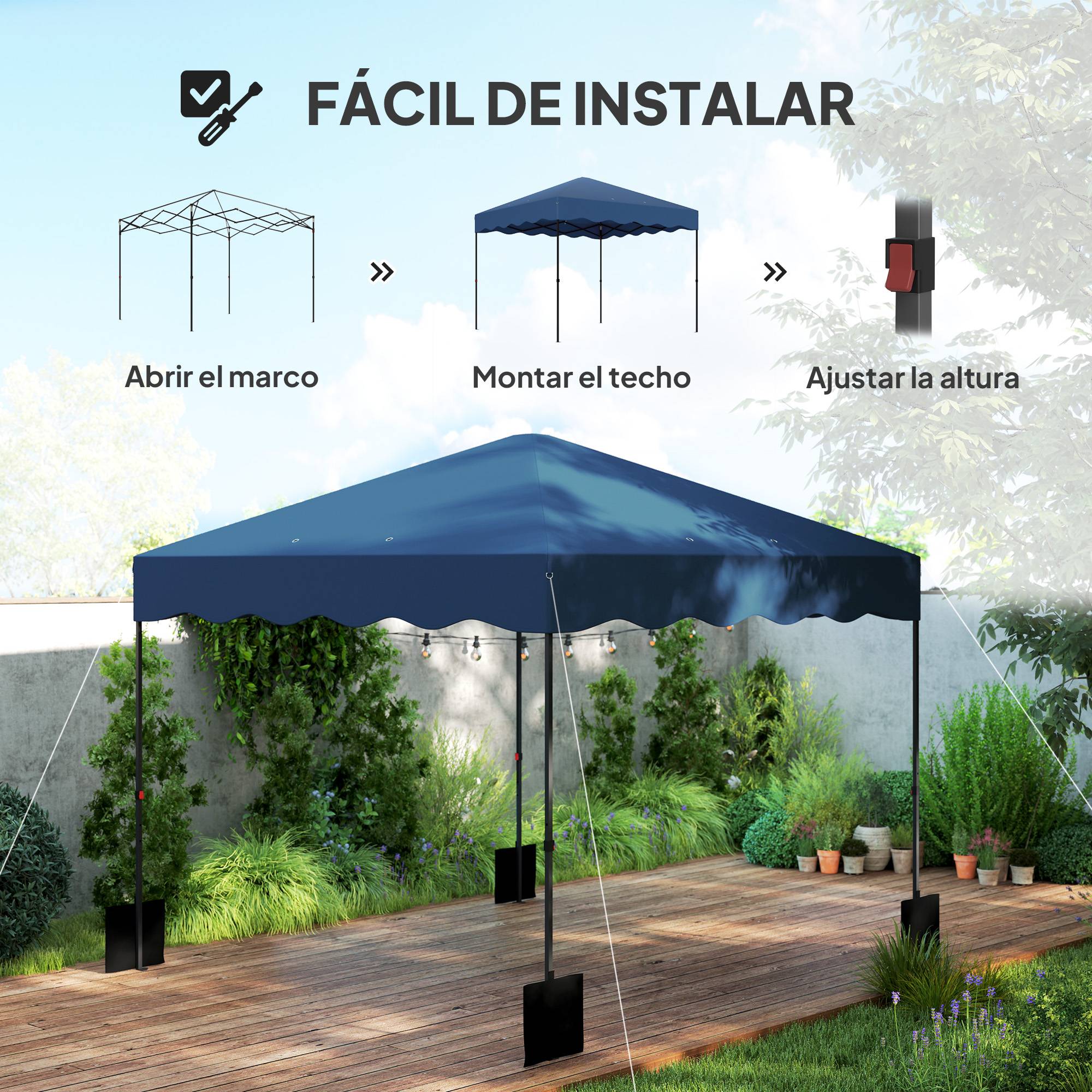 Tente pliante 3x3m avec protection UV, hauteur réglable et sac à roulettes pour 6 à 9 personnes, bleu foncé - Image 6