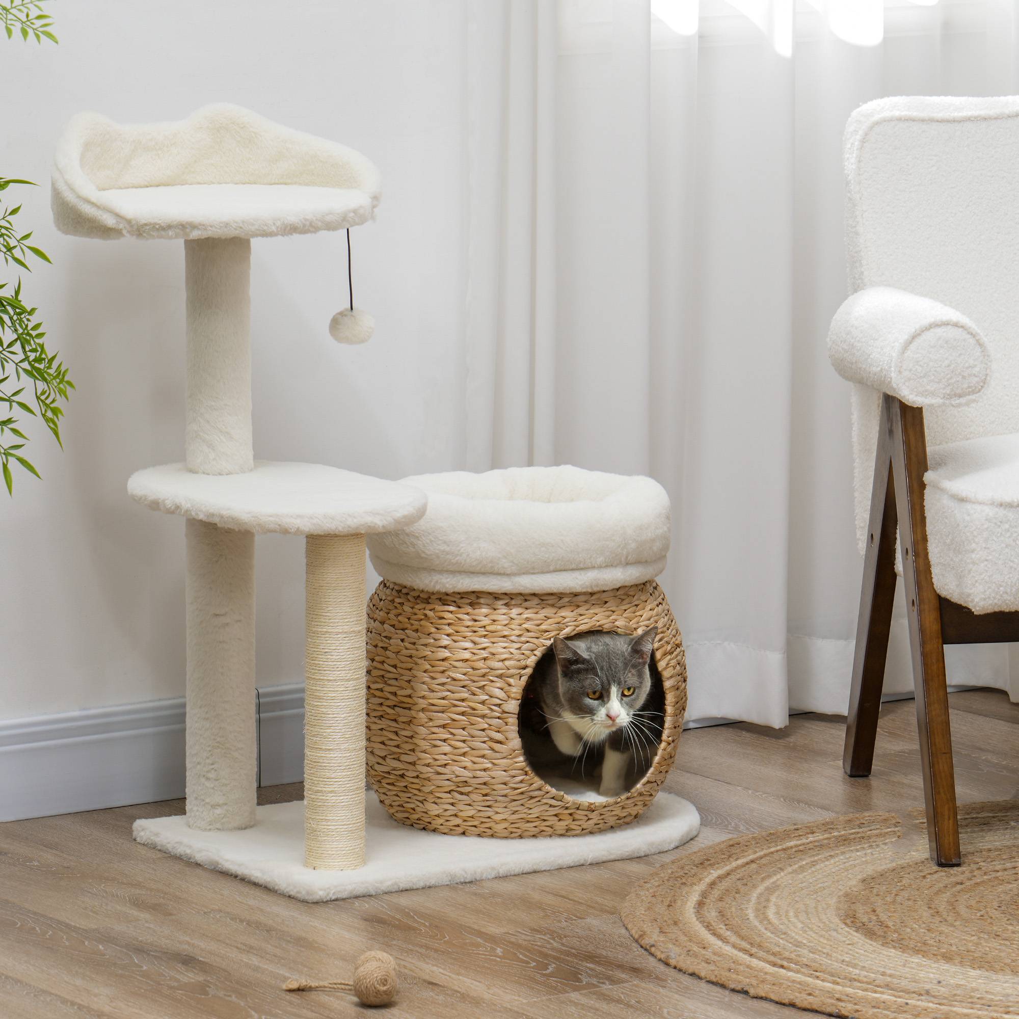 Arbre à chat niche, balle et plateforme, roseau/sisal, jusqu'à 10 kg, 60x40x79 cm, crème - Image 4