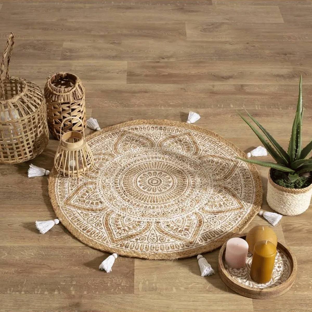 Tapis décoratif en Jute imprimée Blanc D 78 cm - Image 3