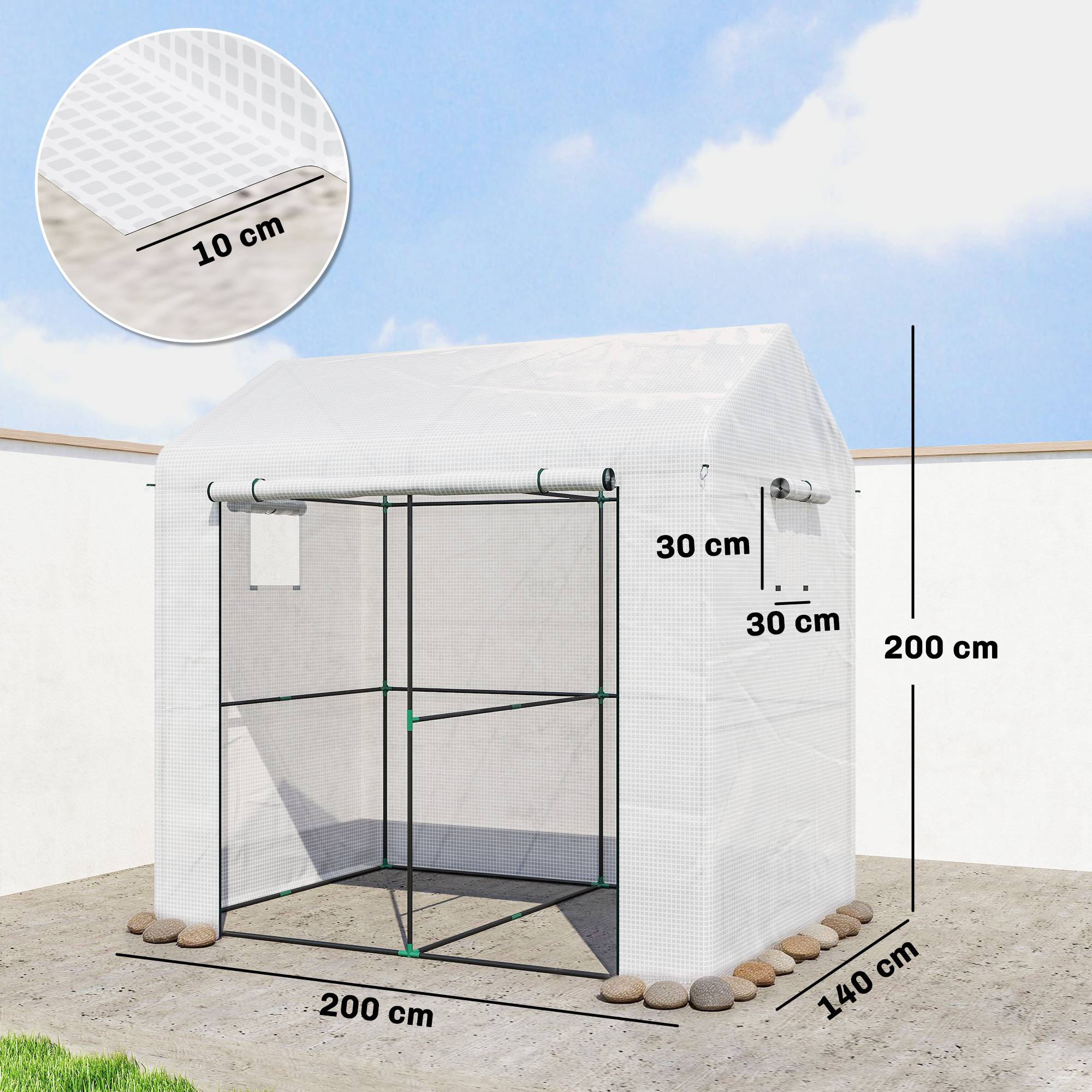 ComfortXL - Serre de jardin PE acier 200 x 140 x 200 cm blanc vert pour cultures protection UV et ventilation réglable - Image 3