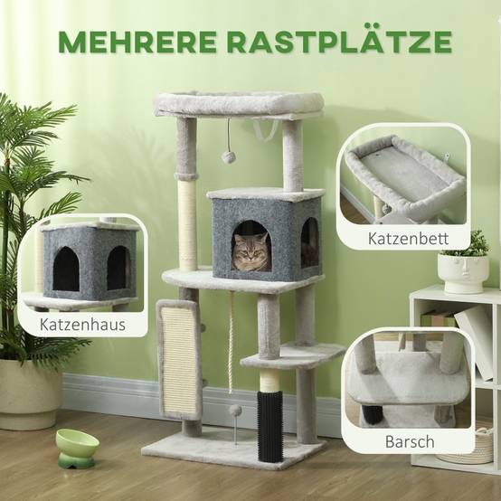 Arbre à chat de 132 cm avec griffoirs, couchage, niche, plateformes de saut, brosse de toilettage, gris clair - Image 4