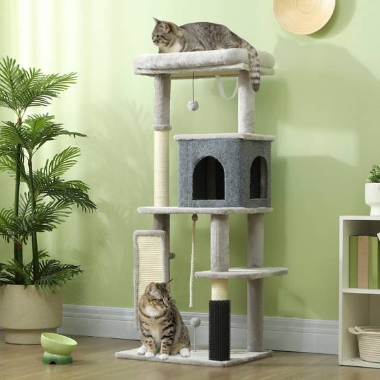Arbre à chat de 132 cm avec griffoirs, couchage, niche, plateformes de saut, brosse de toilettage, gris clair - Image 2