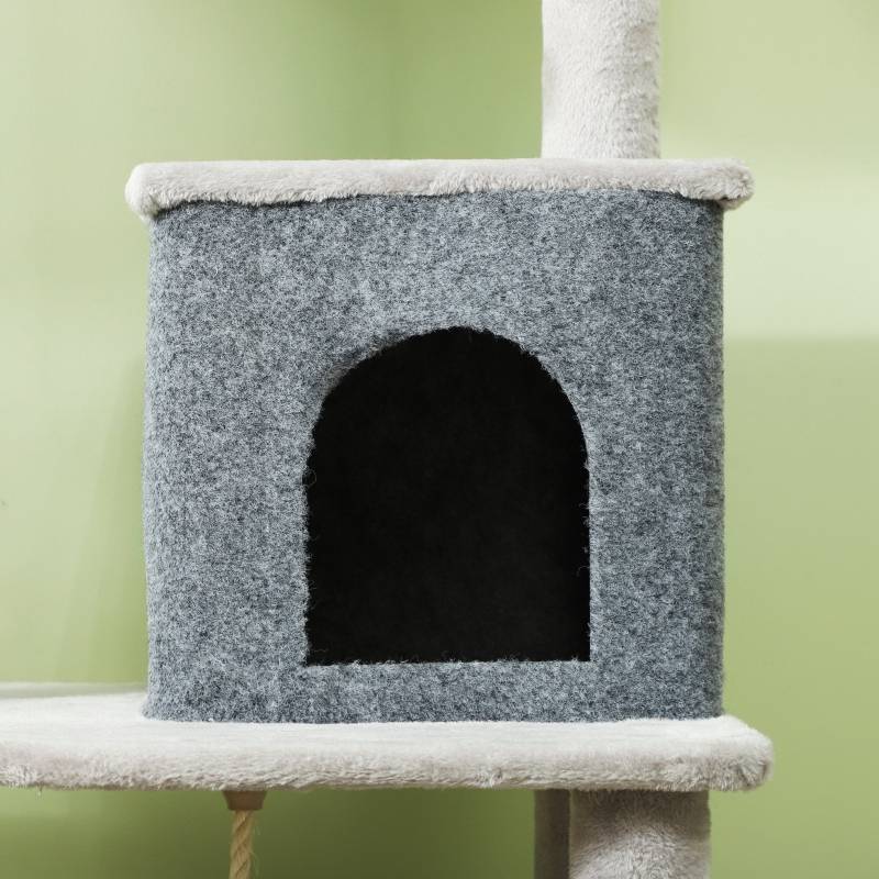 Arbre à chat de 132 cm avec griffoirs, couchage, niche, plateformes de saut, brosse de toilettage, gris clair - Image 8