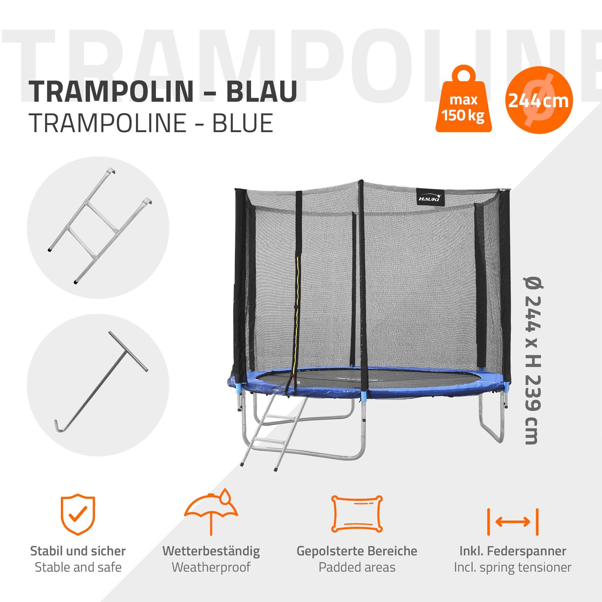 Trampoline de jardin avec filet de sécurité et échelle set complet bleu Ø 244 cm - Imagen 3