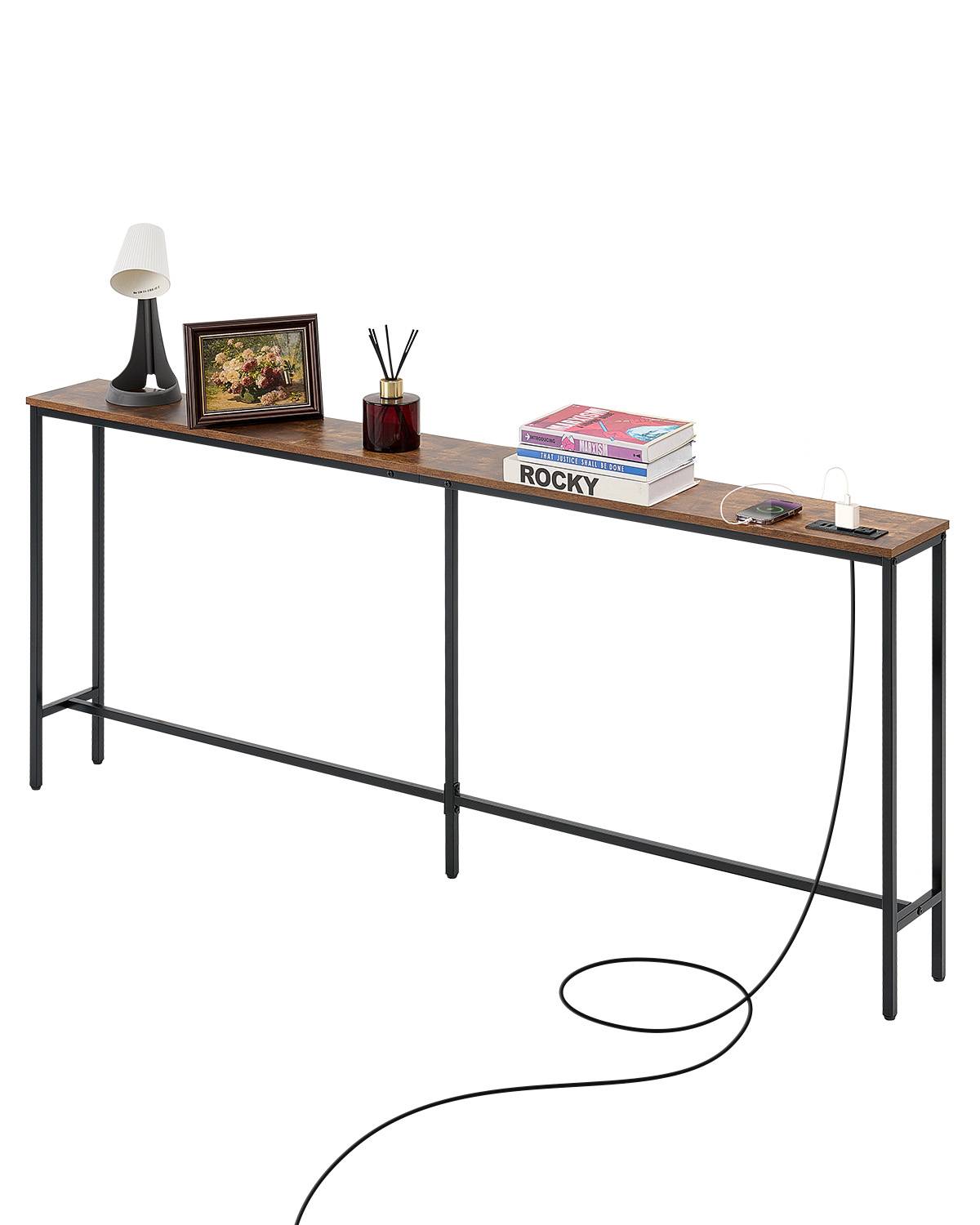 VEVOR Table console étroite 180 cm, prises électriques, station charge. Métal, marron/noir. - Image 1