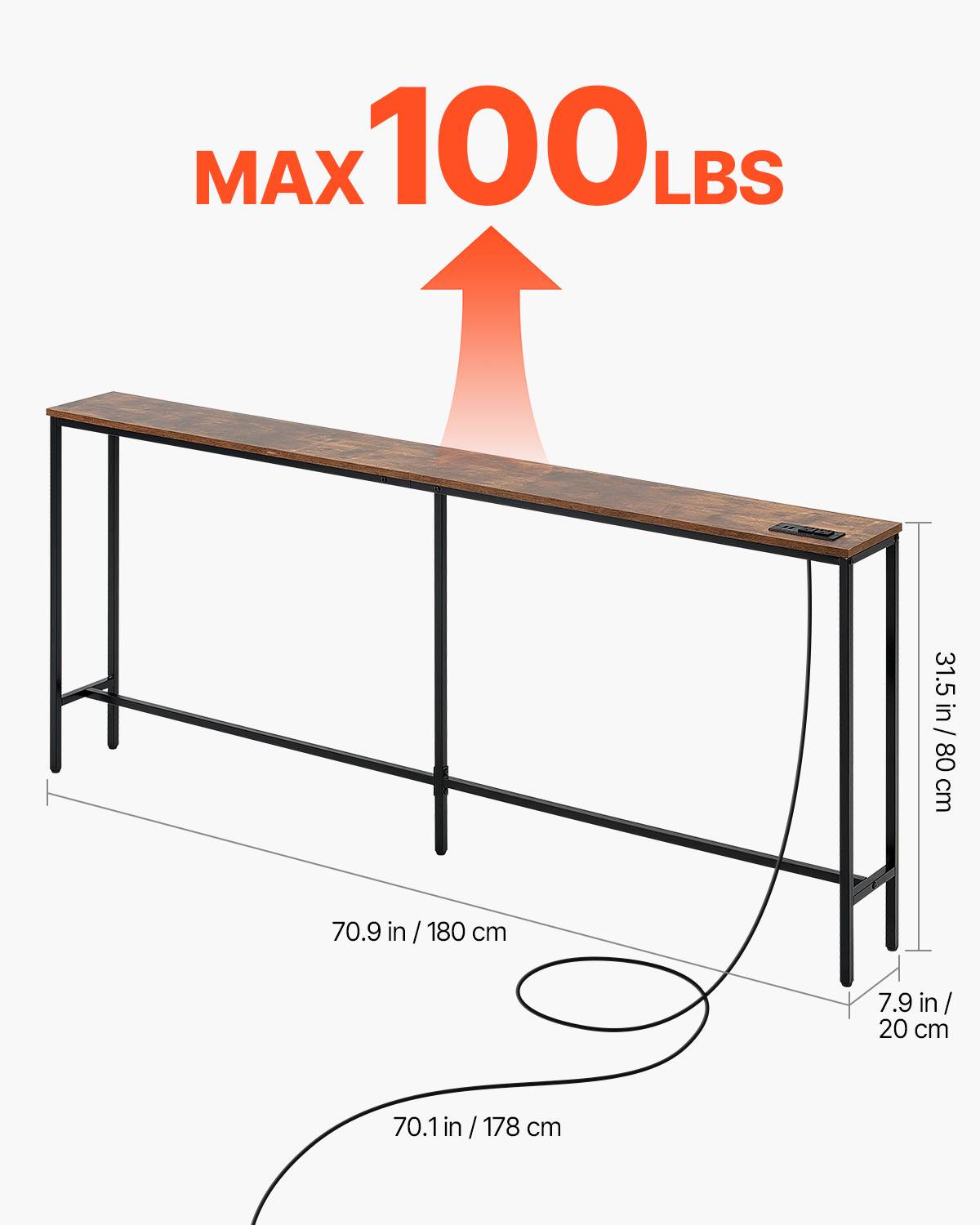 VEVOR Table console étroite 180 cm, prises électriques, station charge. Métal, marron/noir. - Image 3