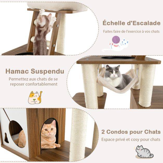 Helloshop26 - Arbre à chat 145 cm tour à plusieurs niveaux avec poteaux à griffer perchoir échelle hamac suspendu et 2 condos maison de jeu naturel - Imagen 4