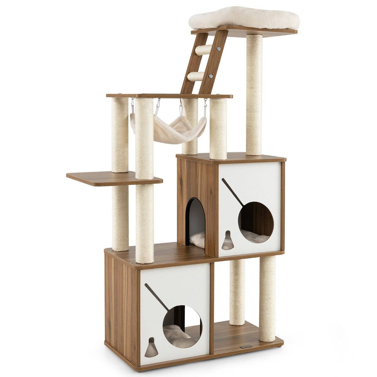Helloshop26 - Arbre à chat 145 cm tour à plusieurs niveaux avec poteaux à griffer perchoir échelle hamac suspendu et 2 condos maison de jeu naturel - Imagen 1