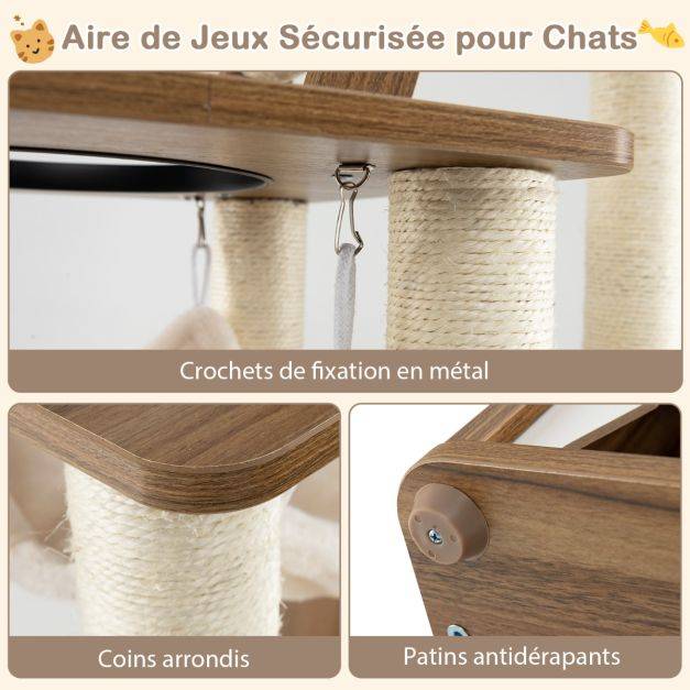 Helloshop26 - Arbre à chat 145 cm tour à plusieurs niveaux avec poteaux à griffer perchoir échelle hamac suspendu et 2 condos maison de jeu naturel - Imagen 2