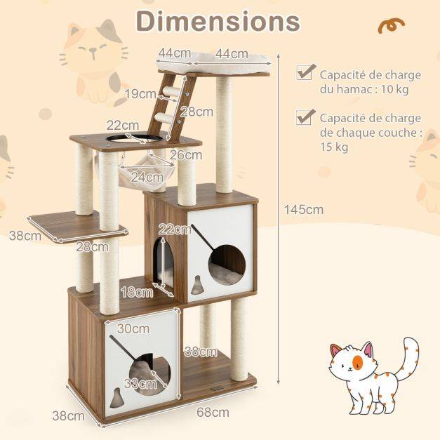 Helloshop26 - Arbre à chat 145 cm tour à plusieurs niveaux avec poteaux à griffer perchoir échelle hamac suspendu et 2 condos maison de jeu naturel - Imagen 3