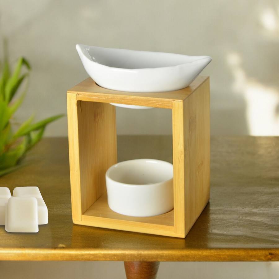 Brûle Parfum Feuillage - Brûleur Fondant Parfumé – Diffuseur Huile Essentielle en céramique et bambou - H 12 cm - Zen'Arôme