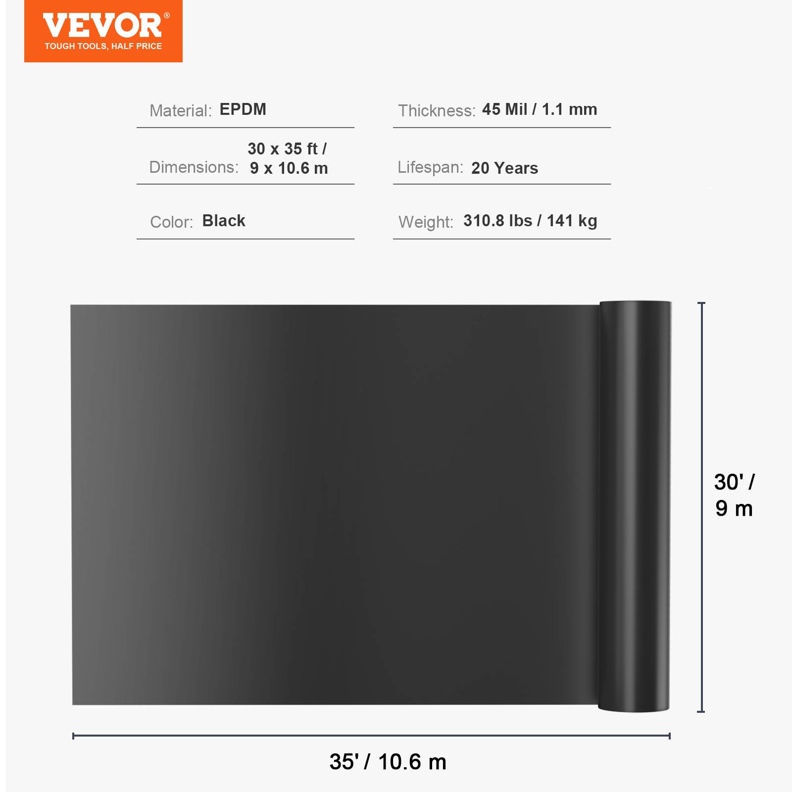 Vevor - VEVOR Bâche de bassin EPDM 9 x 10,6 m, épaisseur 1,5 mm, membrane souple et résistante aux UV, facile à découper et installer. - Image 6