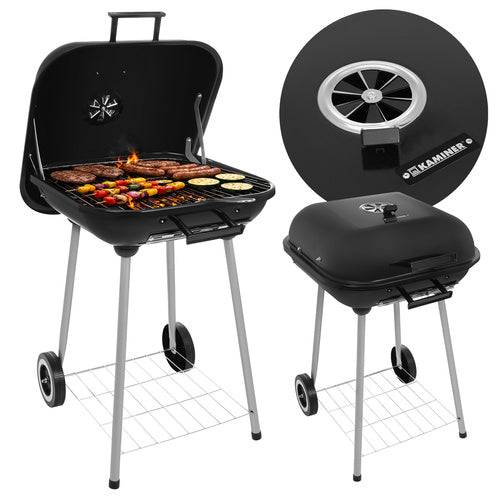Barbecue au charbon de bois avec couvercle et étagère, portable sur roues - Image 1