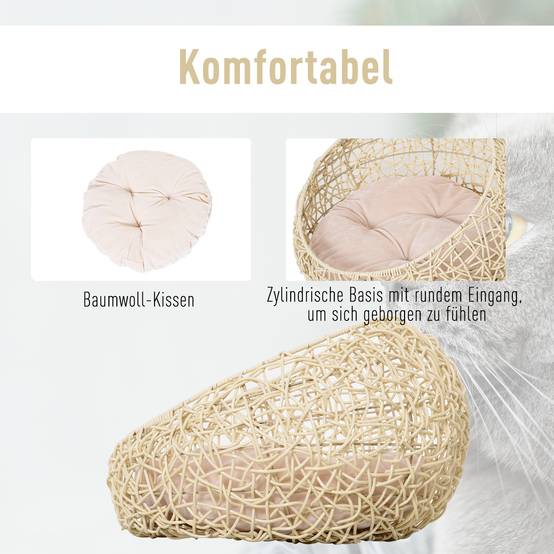 Sans Marque - Grotte pour chat en rotin, lit pour chat, maison pour chat avec coussin, tente pour chat, niche pour chats et chiens, beige, Ø56 x 35 cm - Image 5