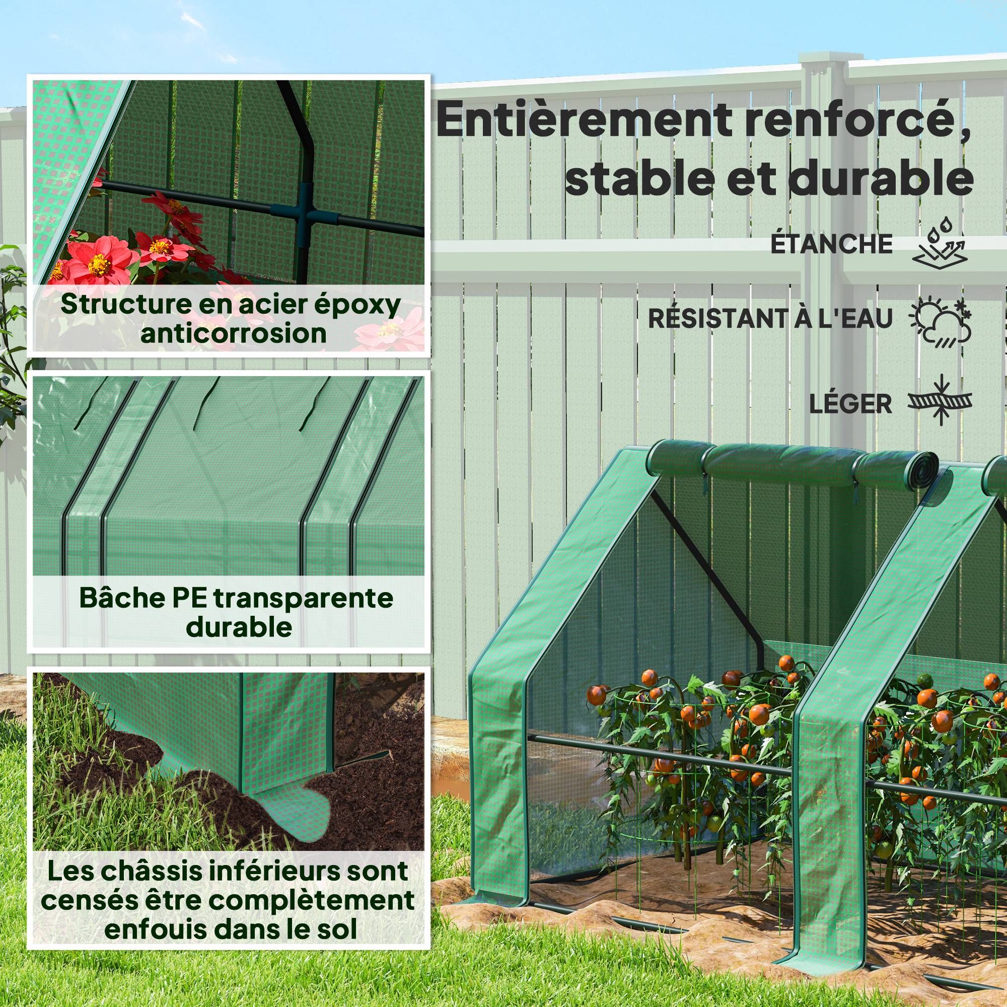ComfortXL - Mini serre tunnel PE jardin culture tomates 4 fenêtres zippées 360x90x90cm vert - ComfortXL Outdoor Living - Image 7