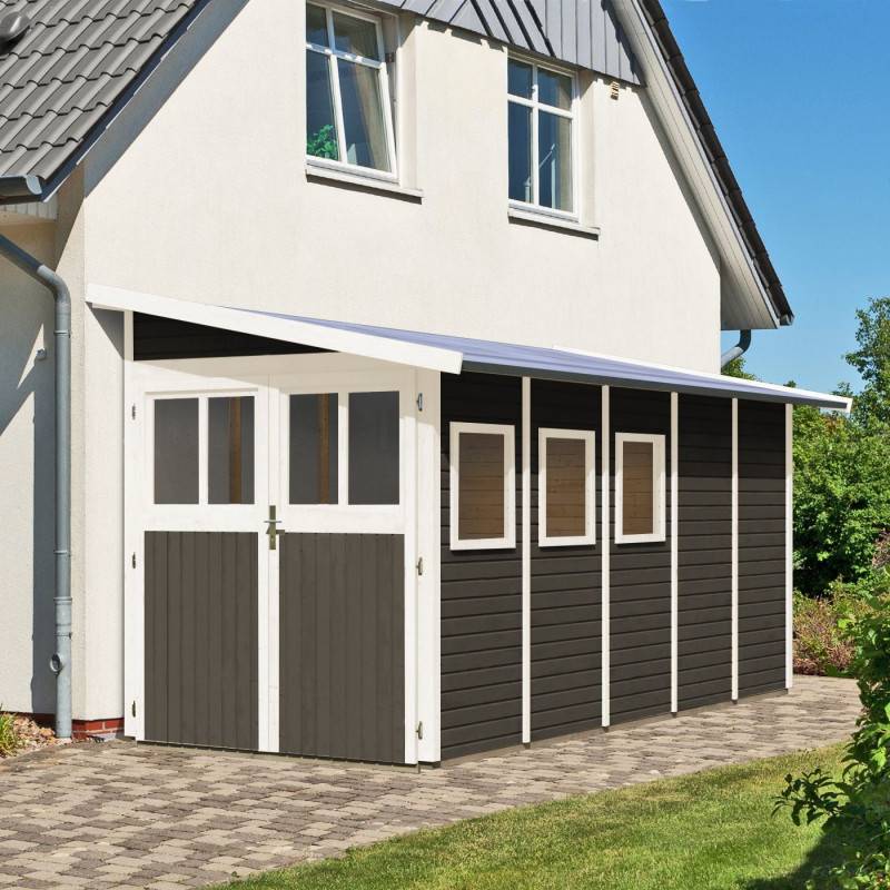 Abri de jardin adossé 8m² bois massif vitrifié gris Wandlitz 5 avec embase Karibu