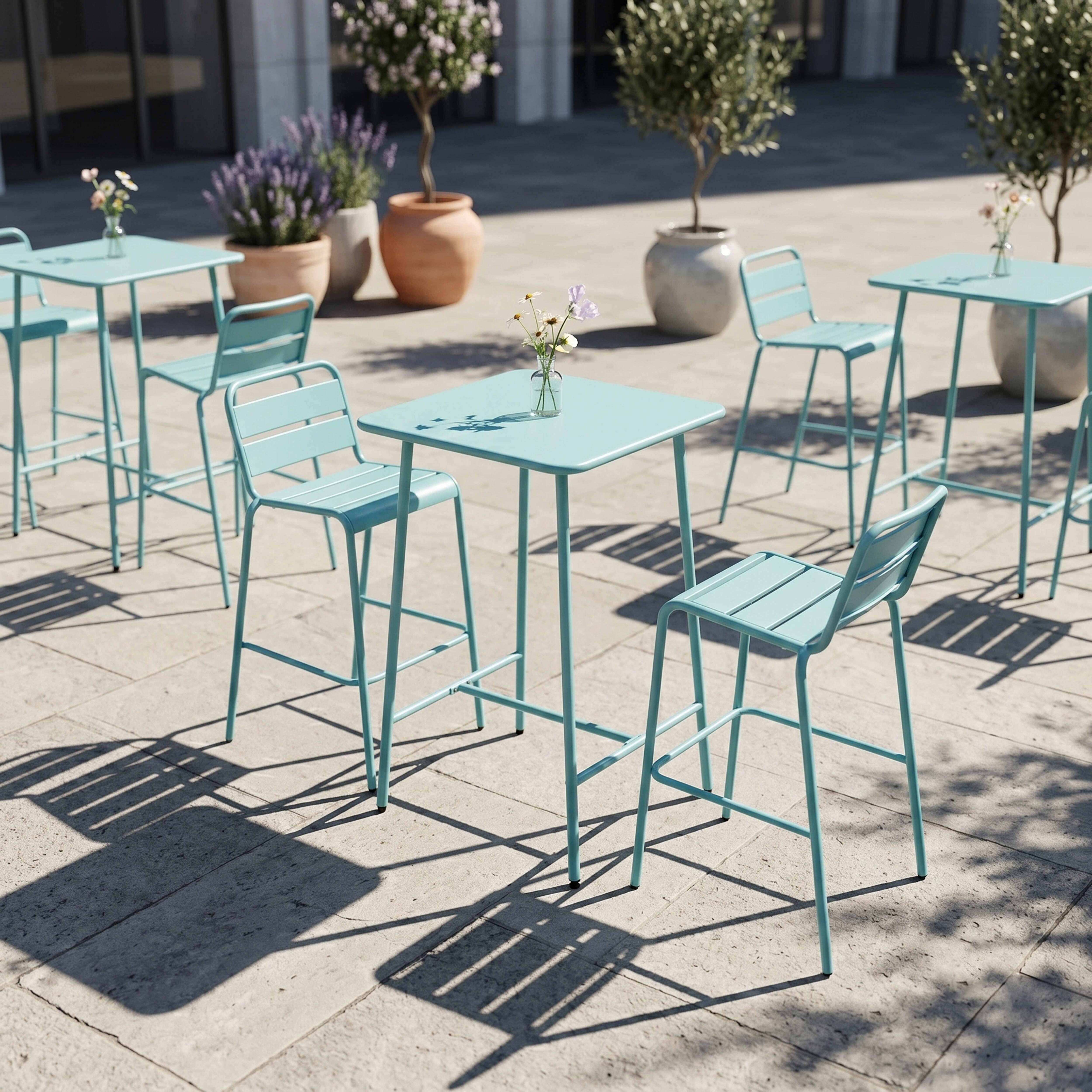 Oviala - Ensemble table de bar et 2 chaises hautes en métal turquoise Palavas - Oviala - Imagen 4