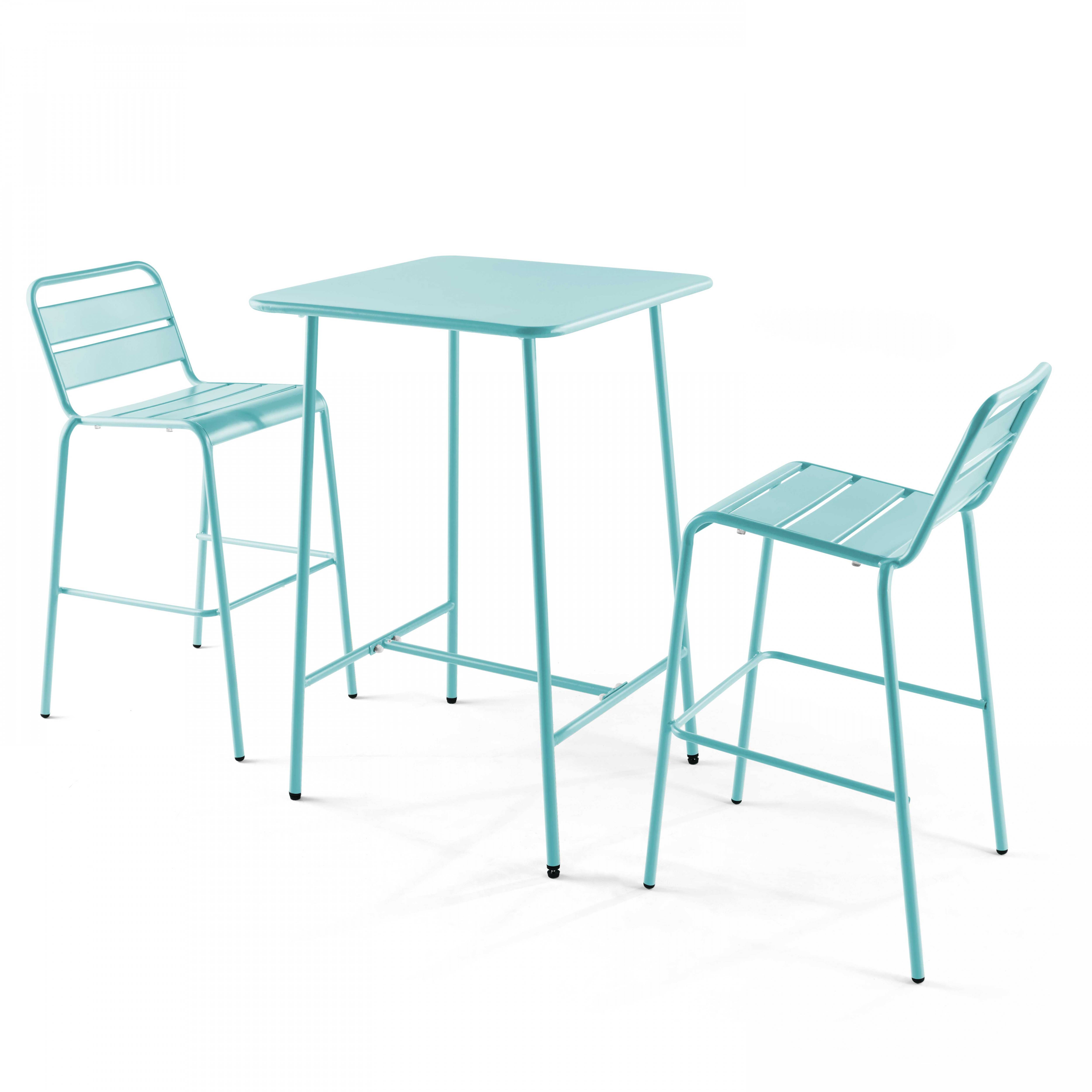 Oviala - Ensemble table de bar et 2 chaises hautes en métal turquoise Palavas - Oviala - Imagen 1