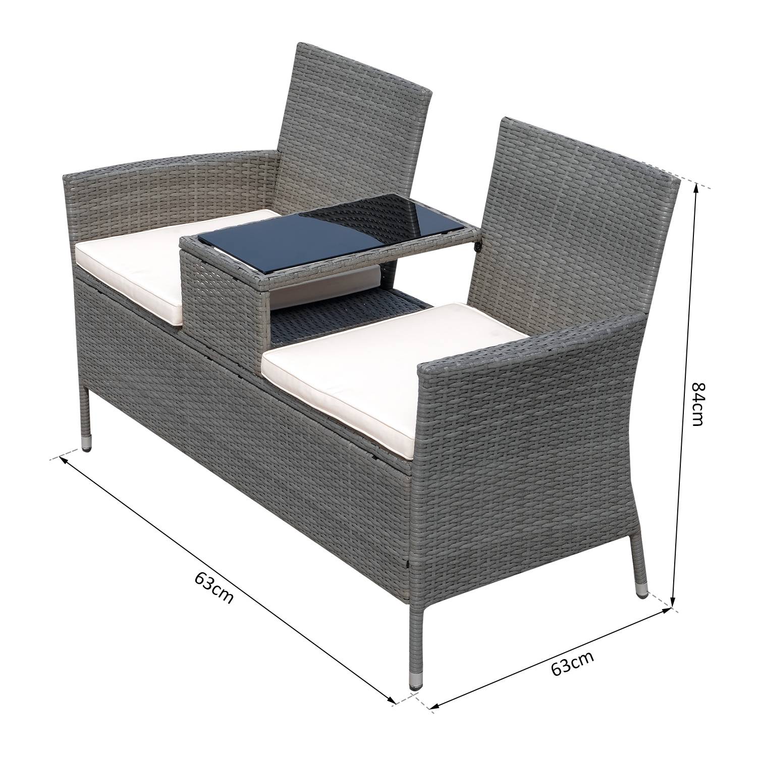 Outsunny - Banc de jardin design contemporain double chaise avec coussins assise + tablette intégrée résine tressée grise polyester crème - Outsunny - Imagen 3
