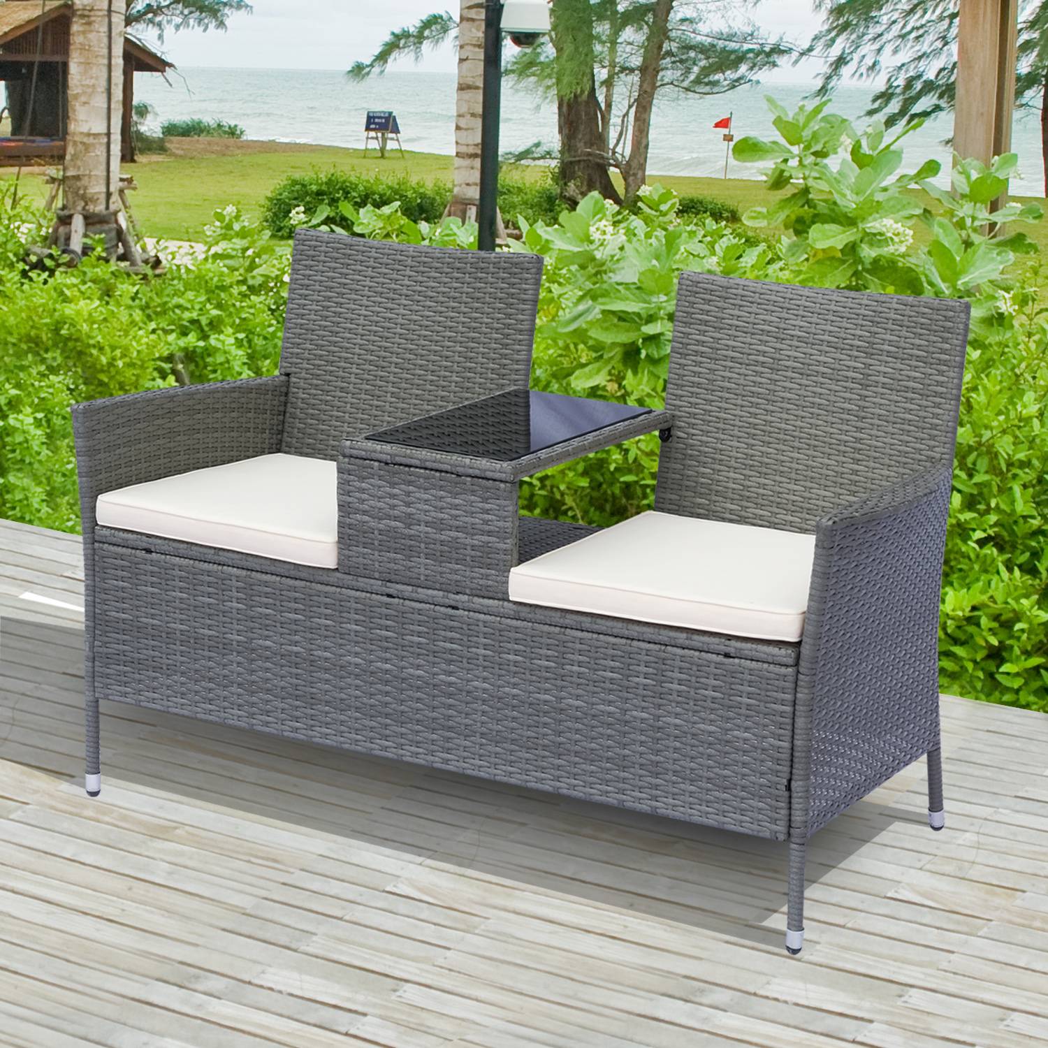 Outsunny - Banc de jardin design contemporain double chaise avec coussins assise + tablette intégrée résine tressée grise polyester crème - Outsunny - Imagen 2