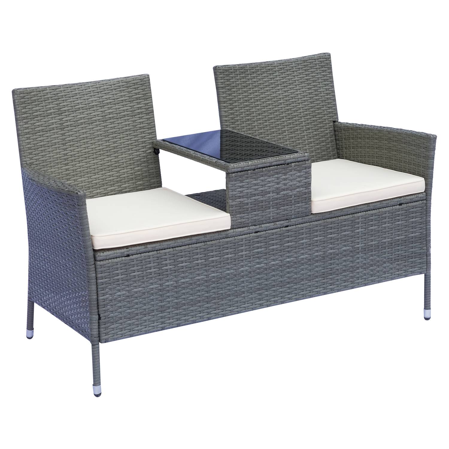 Outsunny - Banc de jardin design contemporain double chaise avec coussins assise + tablette intégrée résine tressée grise polyester crème - Outsunny - Imagen 1