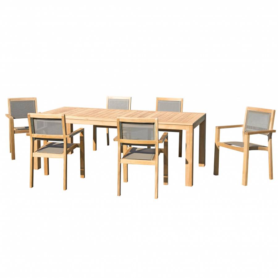 Macabane - HALICE - SALON DE JARDIN EN BOIS TECK 6/8 pers. - 1 Table rectangulaire 220*100 cm et 6 fauteuils empilables - Imagen 1