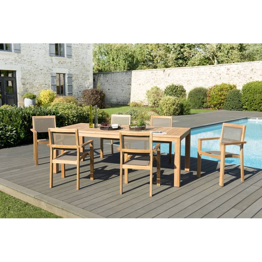 Macabane - HALICE - SALON DE JARDIN EN BOIS TECK 6/8 pers. - 1 Table rectangulaire 220*100 cm et 6 fauteuils empilables - Imagen 2