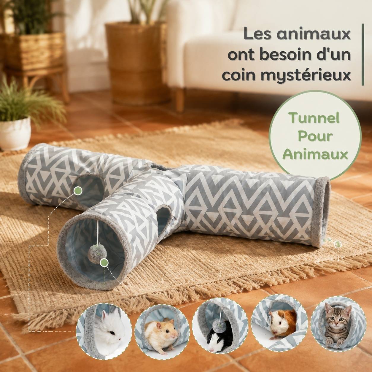 Tunnel Tricouche Peluche Interactif pour Petits Animaux Espaces Cachés et Jeux - Image 3