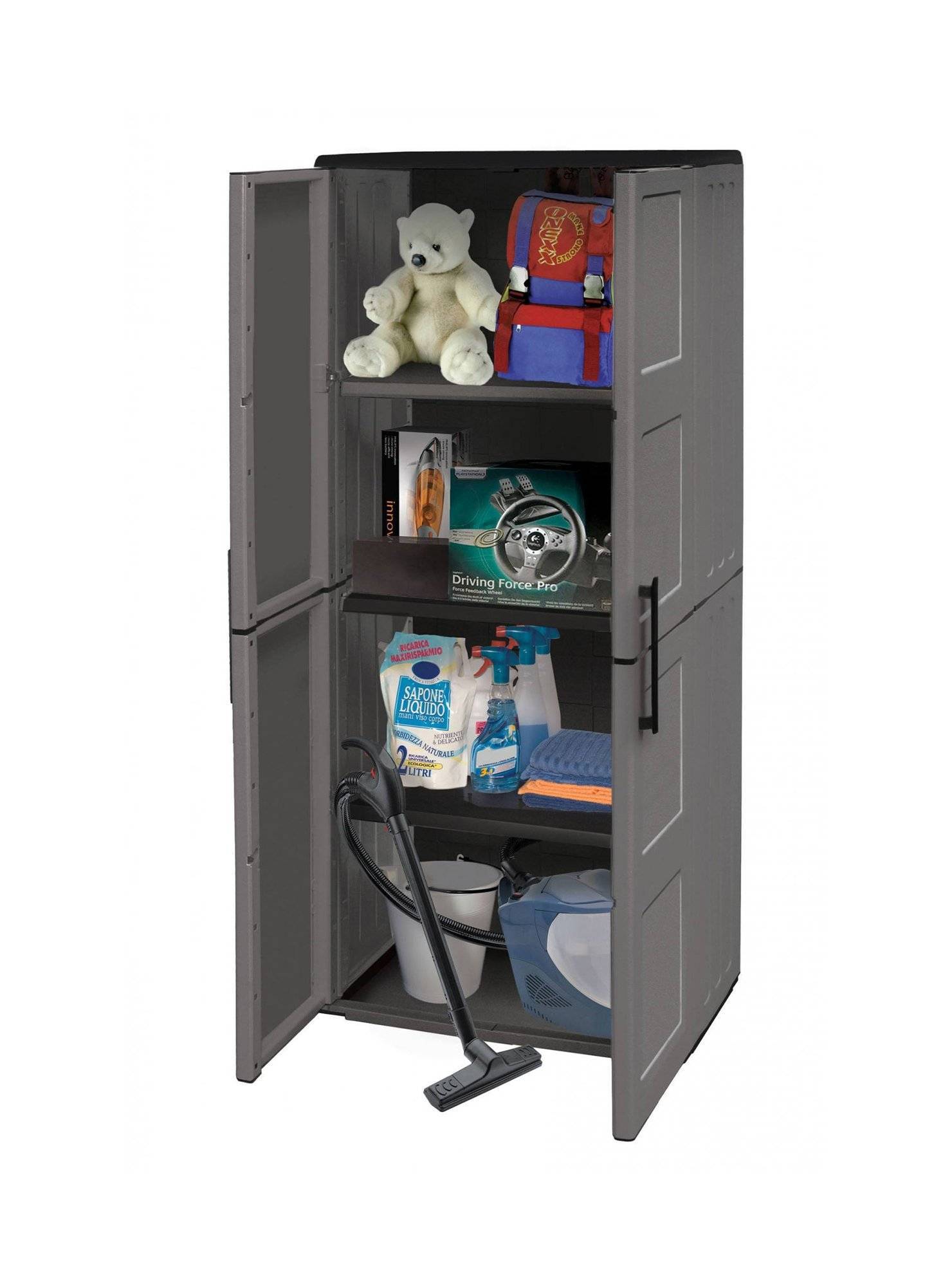 Dmora - Armoire d'extérieur Clavier, Meubles de balcon, Armoire polyvalente avec étagères, 68x37h163 cm, Gris et Noir, Finition damier - Dmora - Imagen 4