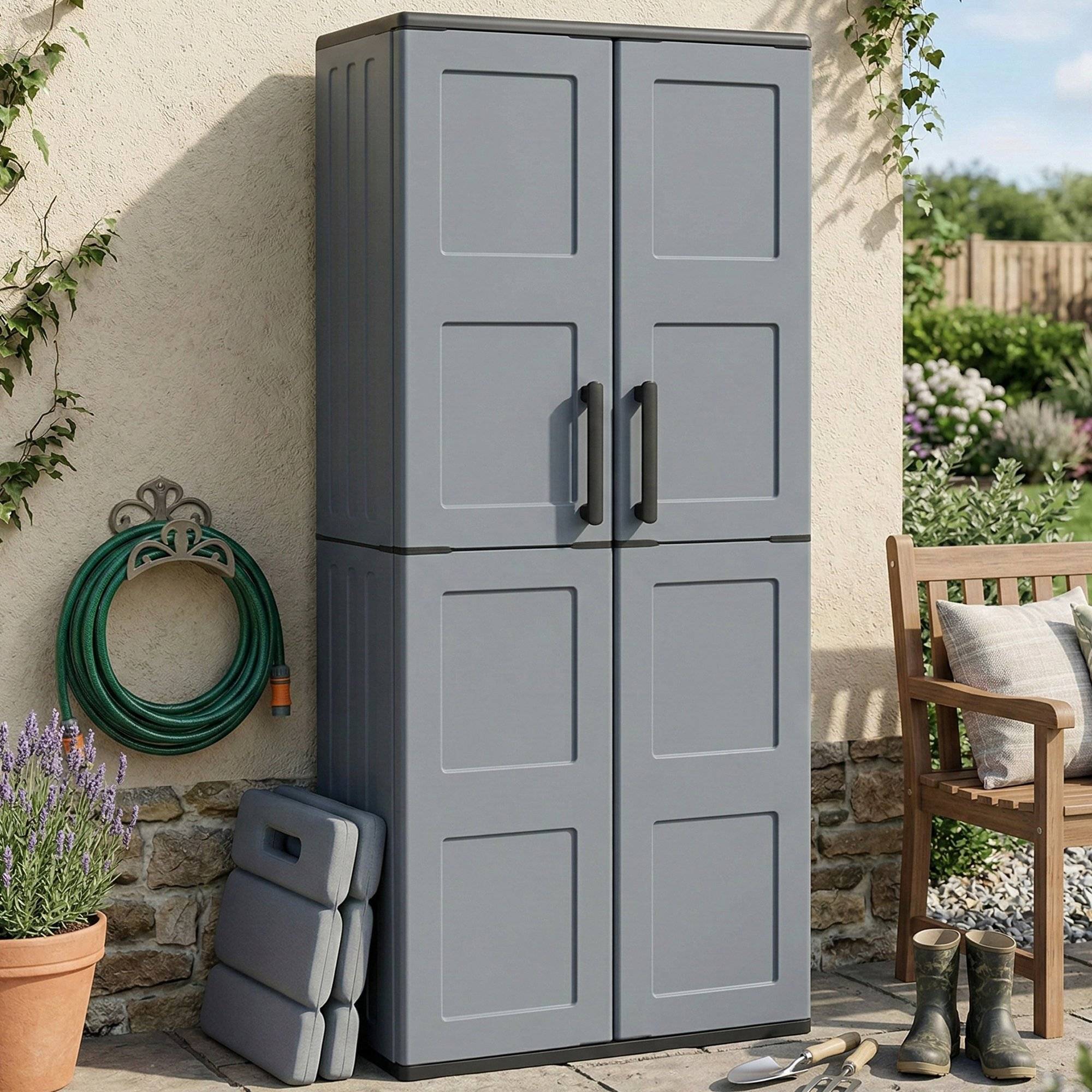 Dmora - Armoire d'extérieur Clavier, Meubles de balcon, Armoire polyvalente avec étagères, 68x37h163 cm, Gris et Noir, Finition damier - Dmora - Imagen 2