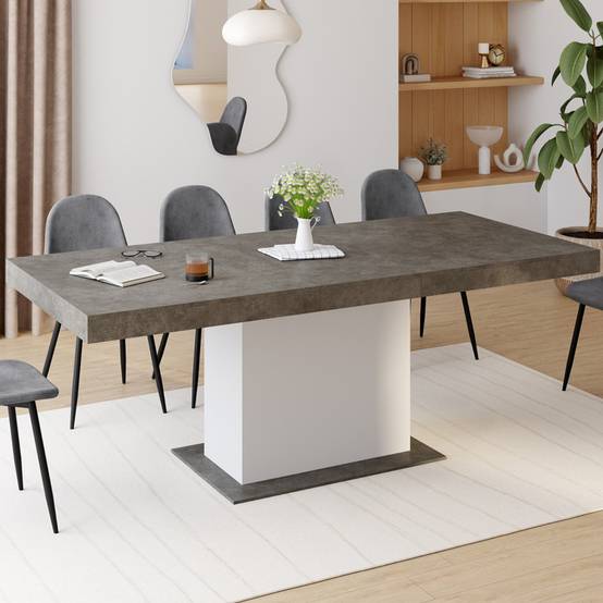 Table à manger extensible rectangle EDEN 6-10 personnes béton et blanc 160-200 cm - Image 1