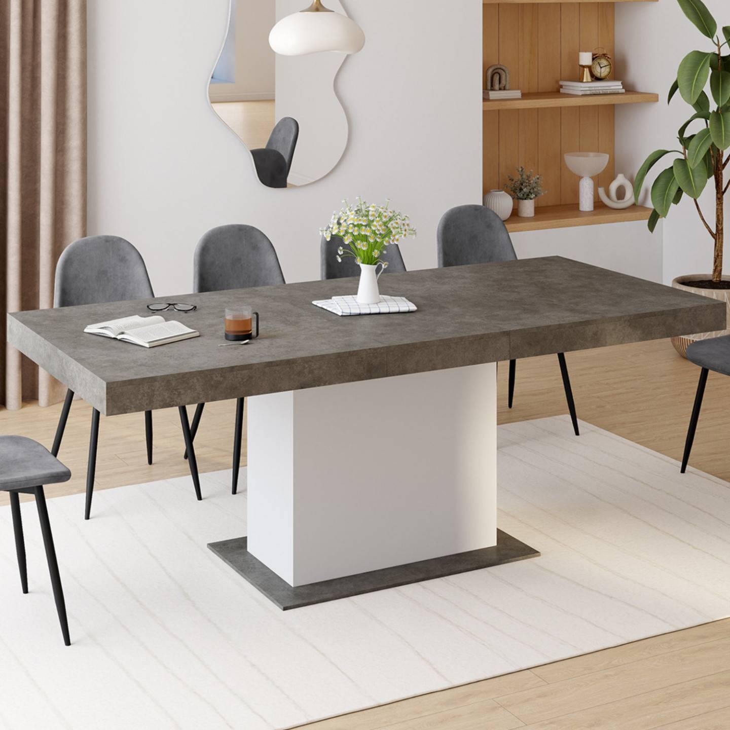 Table à manger extensible rectangle EDEN 6-10 personnes béton et blanc 160-200 cm - Image 1