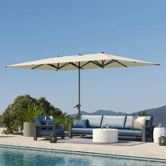 Parasol double aluminium jardin terrasse protection UV50+ 451x264cm blanc crème - ComfortXL Outdoor Living - Image 1