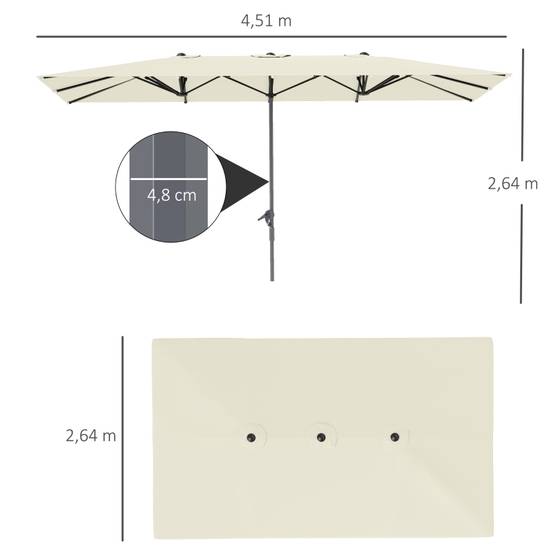 Parasol double aluminium jardin terrasse protection UV50+ 451x264cm blanc crème - ComfortXL Outdoor Living - Image 3