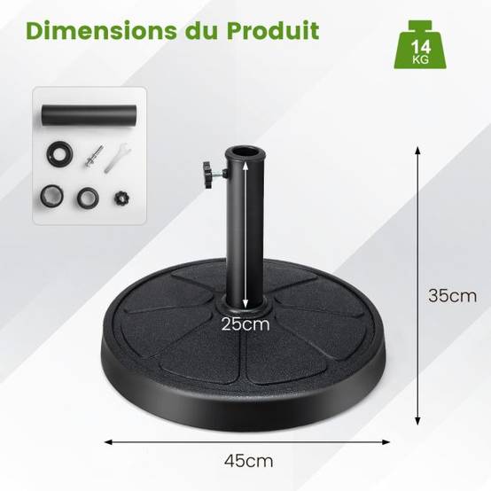 Base de parasol d'extérieur 14 kg support de parasol rond diamètre 45 cm s'ddapte aux poteaux de parasol de 38 à 48 mm noir - Image 4