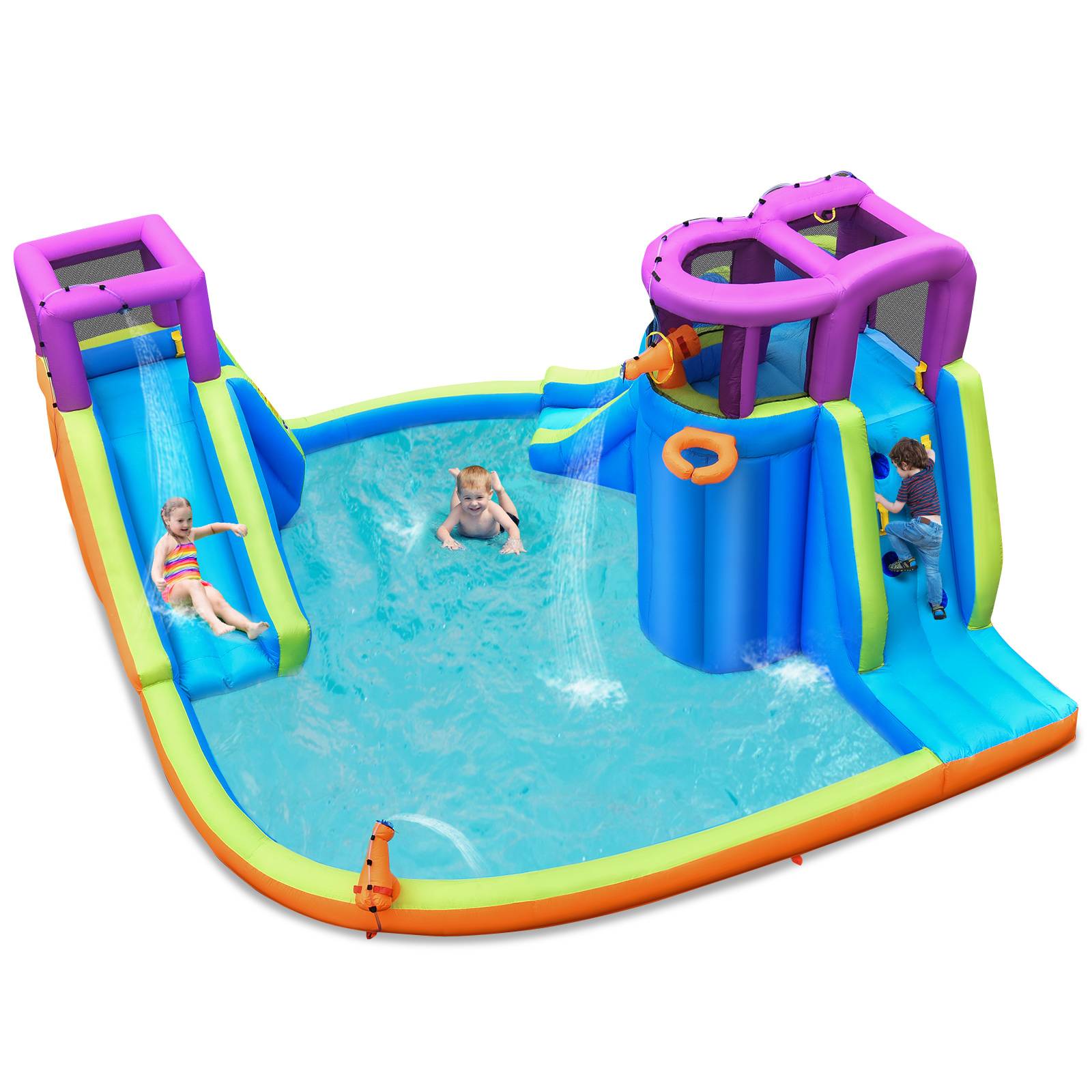 Structure Gonflable, Double Toboggan Aquatique avec 4 Arroseurs et 2 Pistolets à Eau et Piscine à Éclaboussures, avec Mur d'Escalade - Image 1