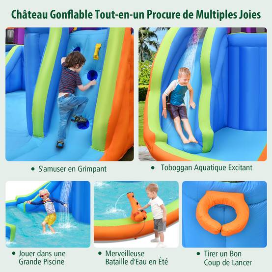 Structure Gonflable, Double Toboggan Aquatique avec 4 Arroseurs et 2 Pistolets à Eau et Piscine à Éclaboussures, avec Mur d'Escalade - Image 4