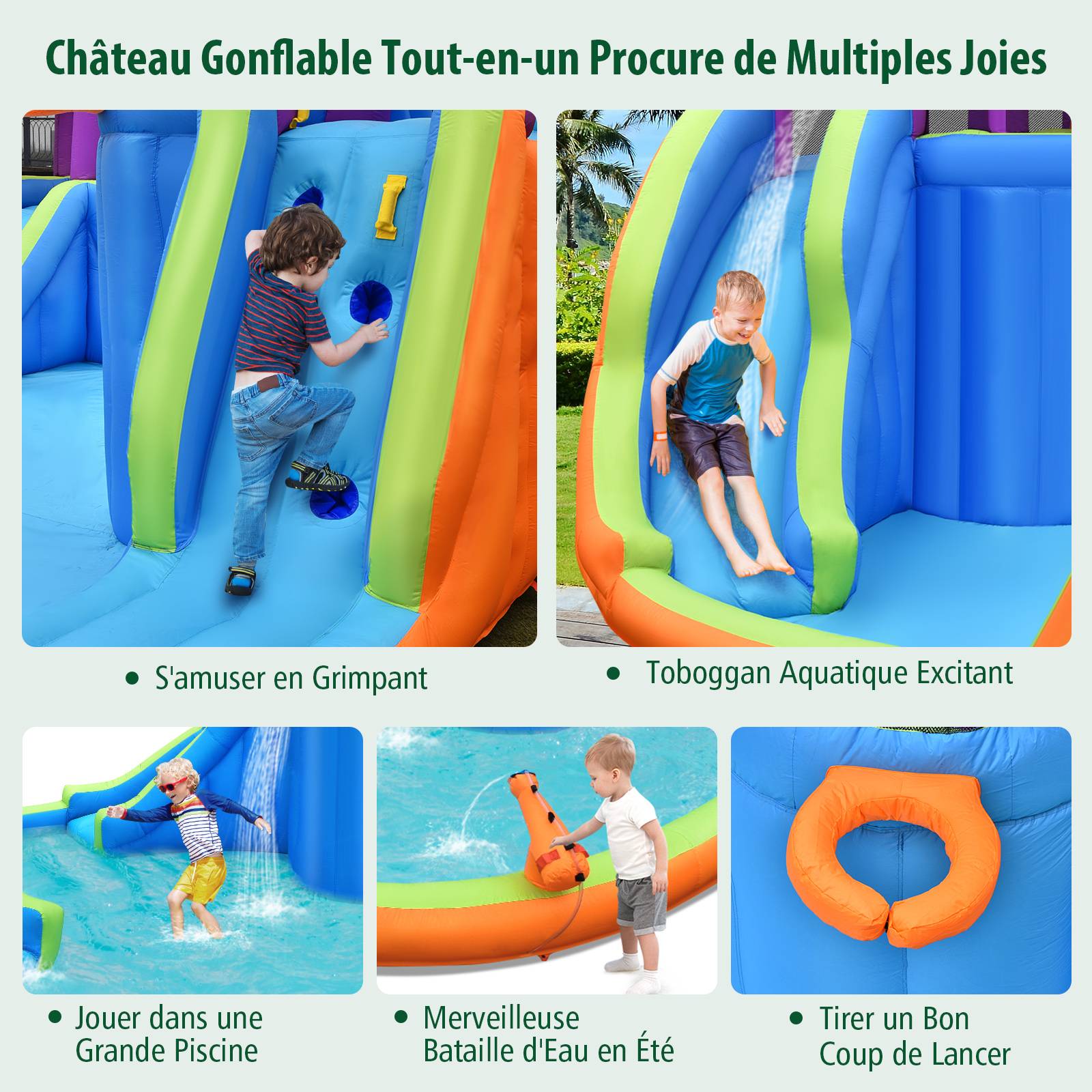 Structure Gonflable, Double Toboggan Aquatique avec 4 Arroseurs et 2 Pistolets à Eau et Piscine à Éclaboussures, avec Mur d'Escalade - Image 4